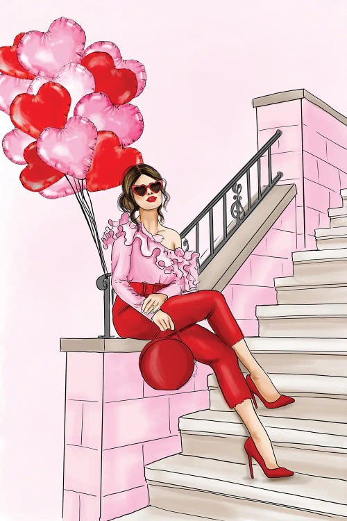 fashion illustration of brunette in pink and red holding heart balloons by new icanvas creator Criss Rosu