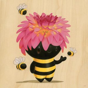 bee art of bumble bee with pink flower head surrounded by three little bees by icanvas artist cuddly rigor mortist