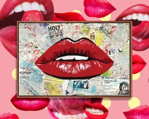 Street art graffiti art of red lips in front of newspaper collage by iCanvas artist Dakota Dean