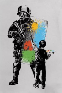 Street art of little boy silhouette painting the shield of a soldier by icanvas artist Rob Dobi