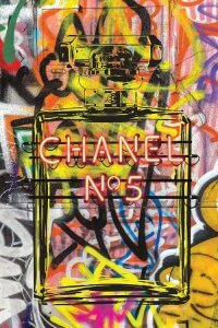 Street Art of Chanel No 5 bottle against colorful graffiti art