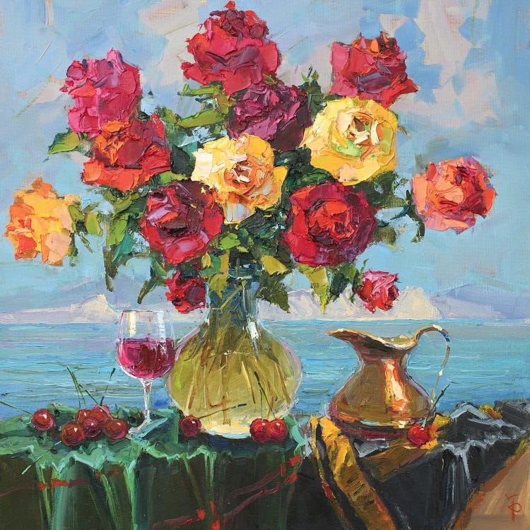 impressionistic painting of a vase of roses by the sea by new icanvas creator igor pozdeev