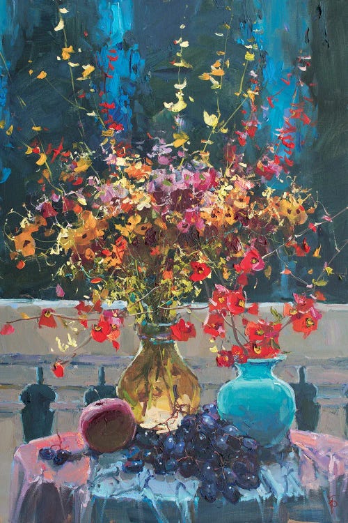 Impressionistic painting of a vase of spring flowers at night by new creator Igor Pozdeev