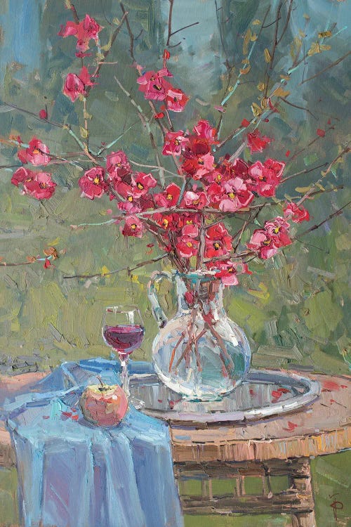 impressionistic painting of red Japanese flowers in vase by wine glass by new icanvas artist Igor Pozdeev
