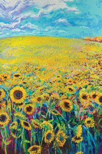 Finger painting scene of sunflower field using colors dog can see by icanvas artist Iris Scott