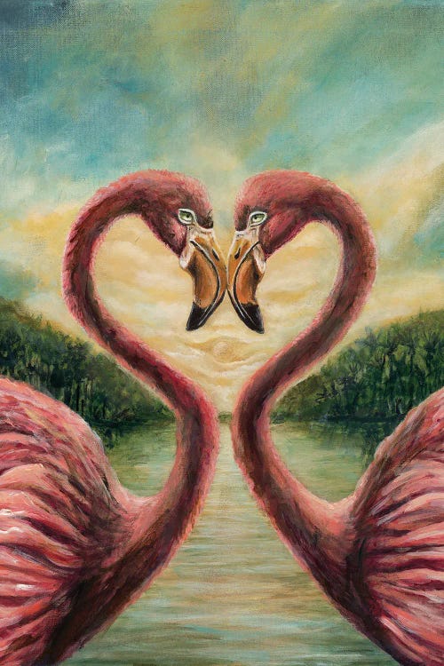 Painting of two pink flamingos with heads together to form a heart by new icanvas artist karin brauns