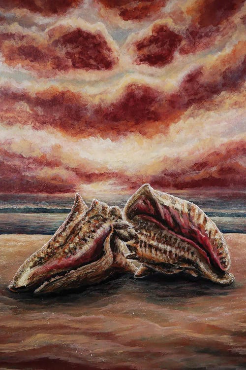 Painting of two conch shells on short in front of sea and pink sunset by new creator Karin Brauns