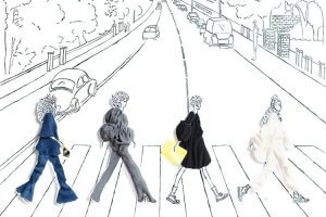Fashion illustration of four women crossing street reimagining Abbey Road by iCanvas artist Kelly Lottahall