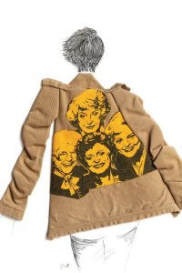 Mixed media art of back of woman wearing a Golden Girls jacket by icanvas artist Kelly Lottahall