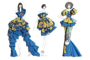Fashion illustration of three women in blue and yellow outfits by icanvas artist Kelly Lottahall