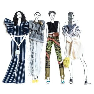 Fashion illustration of four stylish women dressed in fabric scraps by icanvas artist Kelly Lottahall