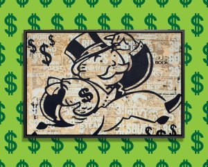 Street art of Monopoly man outline running with money bag against newspaper collage by Kyle Mosher