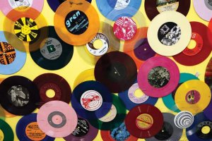 vinyl wall art of colorful records by icanvas artist Kymri Wilt