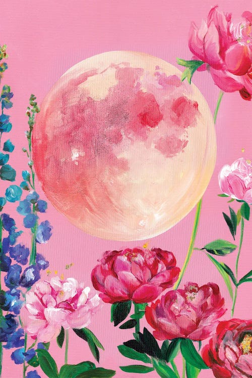 Painting of pink full moon above purple and pink flowers by new icanvas creator Christine Lindstrom