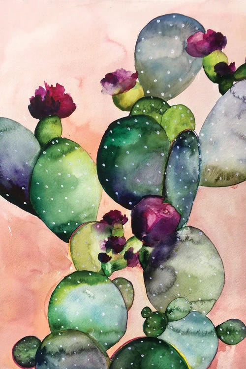 painting of green cactus with purple blooms by new icanvas artist Christine Lindstrom
