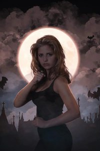 pop culture art of Buffy the Vampire Slayer in front of full moon by icanvas artist Marischa Becker
