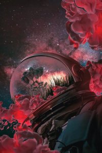sci-fi art of an astronauts helmet reflecting pink sky and roses by 5 questions with featured artist Marischa Becker