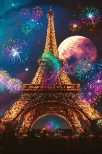 sci-fi art of Eiffel tower against full moon surrounded by fireworks by icanvas artist Marischa Becker