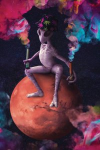 Sci-fi art of a purple alien atop a pink moon in the galaxy by icanvas artist Marischa Becker
