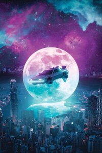 sci-fi art of car flying above city in front of full moon and purple starry sky by icanvas artist Marischa Becker