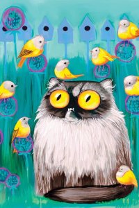 Wall art of cat surrounded by yellow birds for your pampered pup by icanvas artist Melanie Schultz