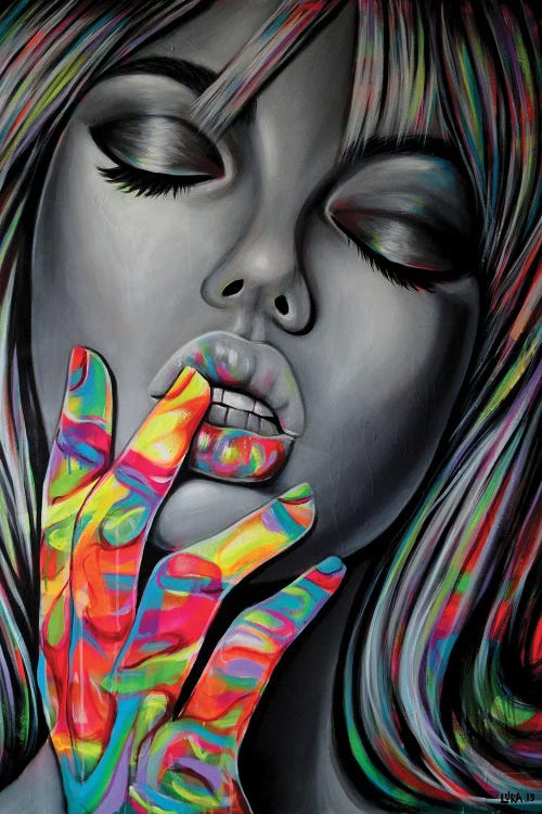 portrait of a woman with rainbow color fingers and hair by new icanvas artist Natmir Lura