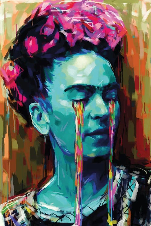 Portrait of Frida Kahlo with blue face and rainbow paint coming out of eyes by new creator Natmir Lura