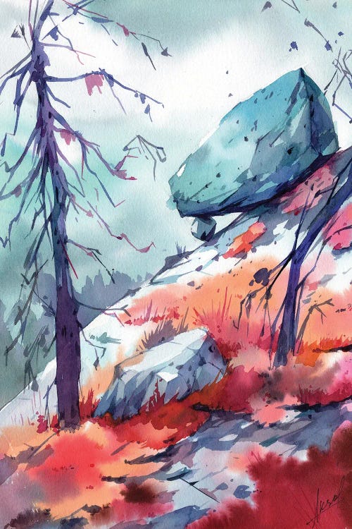 Watercolor painting of a hill, tree and boulder by new icanvas creator Olga Aksenova