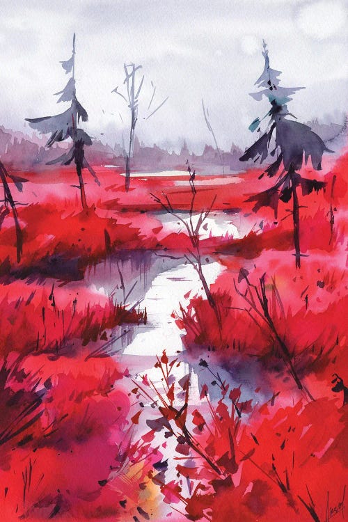 Watercolor painting of river and trees with pink accents by new icanvas artist Olga Aksenova