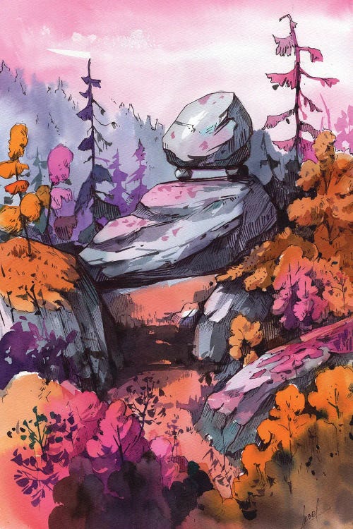 Watercolor landscape painting of boulders and trees with orange and pink by new creator Olga Aksenova