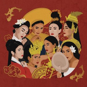 Wall art of 8 Asian women surrounded by gold elements by iCanvas artist Phung Banh