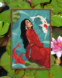 Wall art of an Asian woman in red dress in front of koi fish pond by iCanvas artist Phung Banh