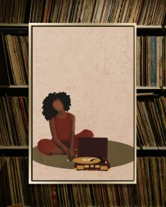 Faceless art of Black woman sitting on floor next to record player by 5 Questions With artist Phung Banh