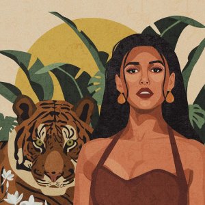Wall art of brown-skinned brunette beside tiger in front of green plant and yellow sun by iCanvas artist Phung Banh