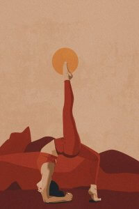 Wall art of woman in red doing yoga post in front of red mountains and yellow sun by iCanvas artist Phung Banh