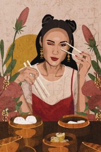 Wall art of Asian woman eating dimsun holding chopstick up to eye and winking by Phung Banh