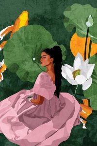 Wall art of brown woman in pink dress with pony tail in front of lily pond by iCanvas artist Phung Banh