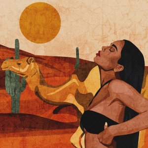 Wall art of brown woman in front of desert scene of cactus, camel and sun by 5 Questions With artist Phung Banh