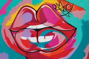 Street art of colorful lips by tic tak toe sketch by iCanvas artist Pinklomein