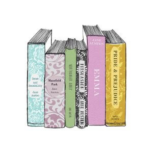 Book wall art of the spines of Jane Austen's complete works by icanvas artist Peter Walters