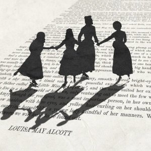 Book page art of Little Women featuring text from book and silhouettes of characters by peter walters