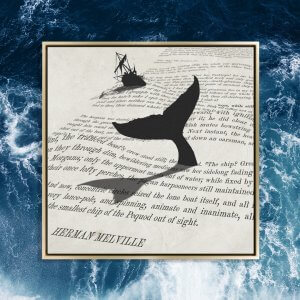 Book page art of Moby Dick page with silhouette of whale tail and ship by icanvas artist Peter Walters
