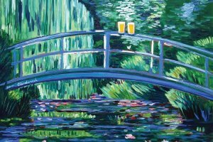 Beer art gift for beer lovers painting similar to Monets lilypads featuring two pints on bridge by Scott Clendaniel
