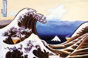 Beer art of reimagined classic wave with pints of beer floating in it by iCanvas artist Scott Clendaniel