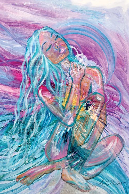 painting of blue hair siren with swirling hues of purple by new icanvas artist Sarah Dalesandro