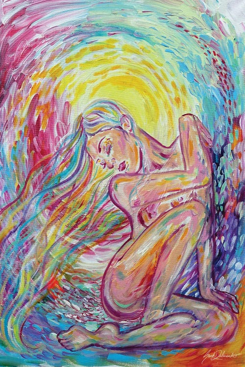colorful swirling painting of a woman's silhouette in front of a sun by new icanvas artist Sarah Dalesandro