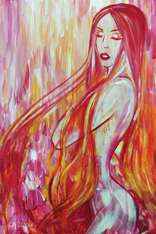 pink and orange abstract painting featuring a woman's silhouette and long flowing hair by new creator Sarah Dalesandro