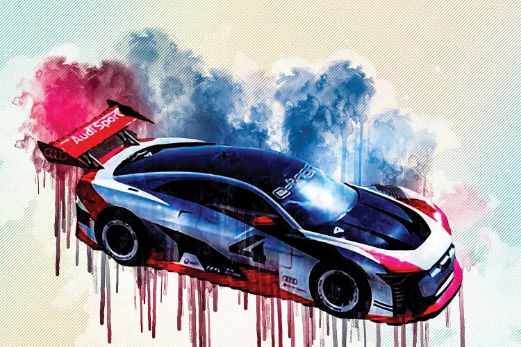 Wall art of a black, red and blue 2018 Audi race car with splashes of paint by new icanvas creator sissy angelastro