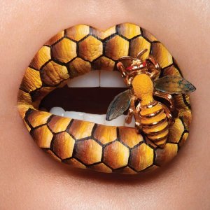 honey bee art of a bee on top of lips with honey comb lipstick by icanvas artist Vlada Haggerty