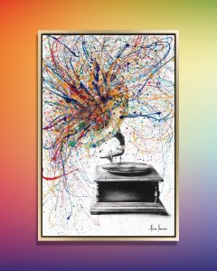 Vinyl wall art featuring an old record player with splashes of colorful paint playing from it by icanvas artist Ashvin Harrison